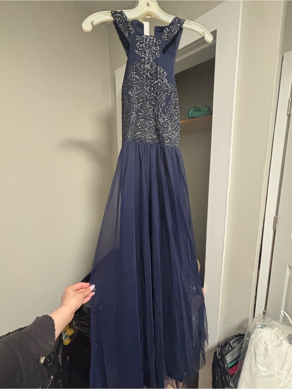 Speechless Navy Embroidered Halter Prom Gown